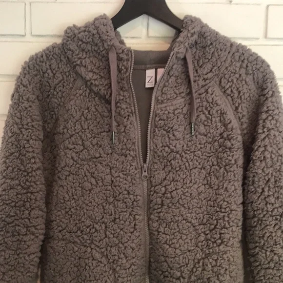 Z by Zella Bomber Fleece Hooded Sherpa Gray Jacket Size Medium - Picture 12 of 13